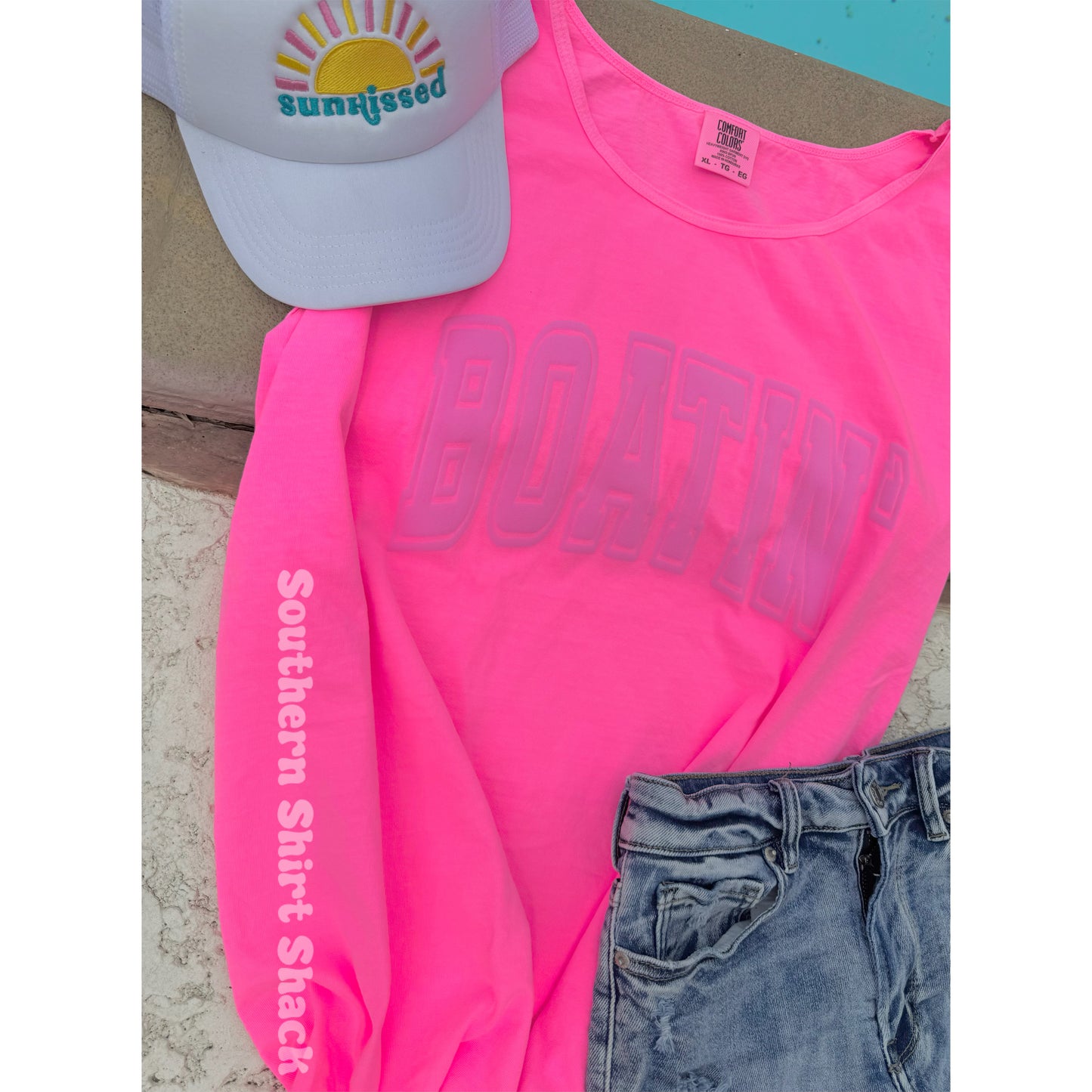 Neon Pink Boatin’ PUFF Comfort Colors Tank | Monochromatic