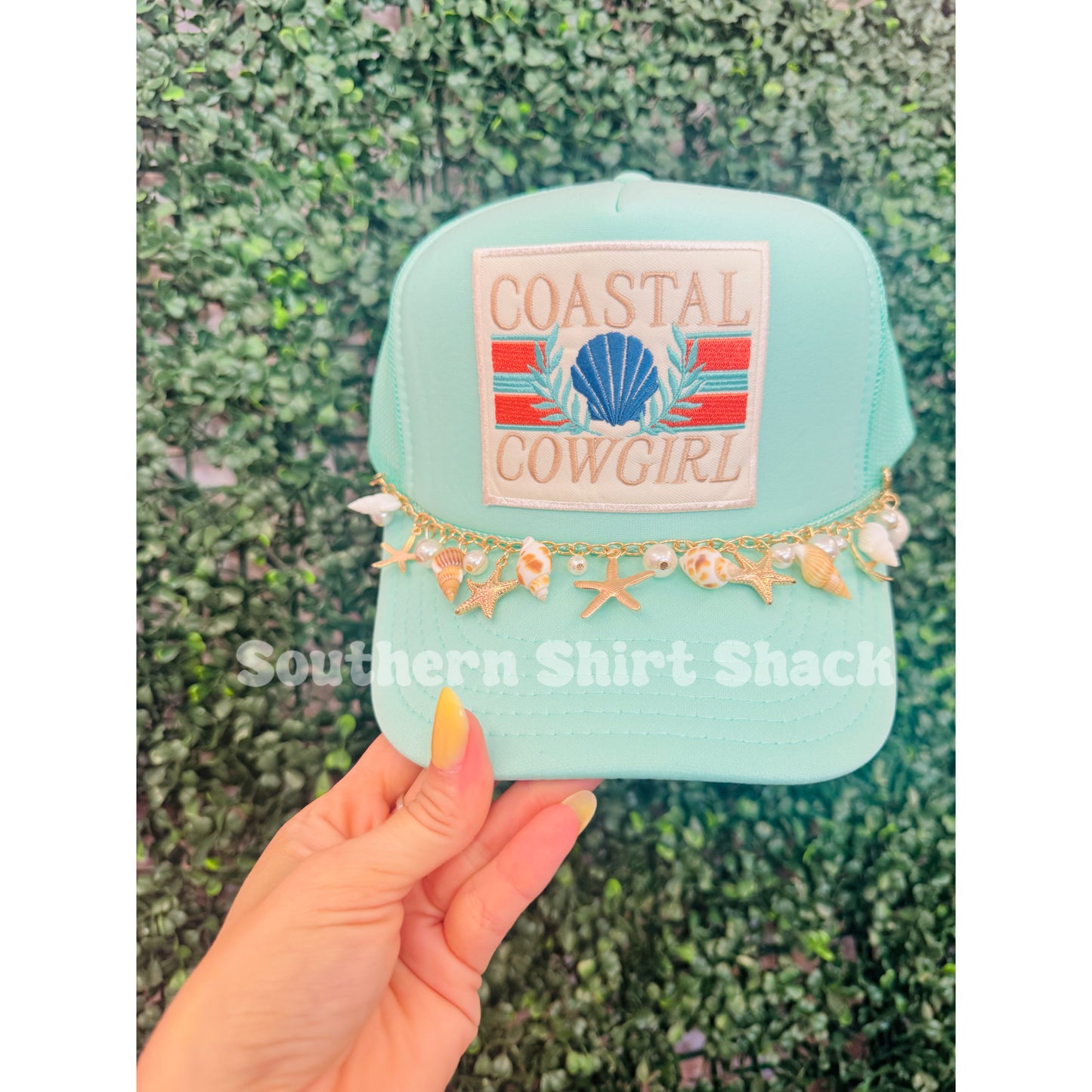 Coastal Cowgirl Trucker Hat with Seashell Hat Chain