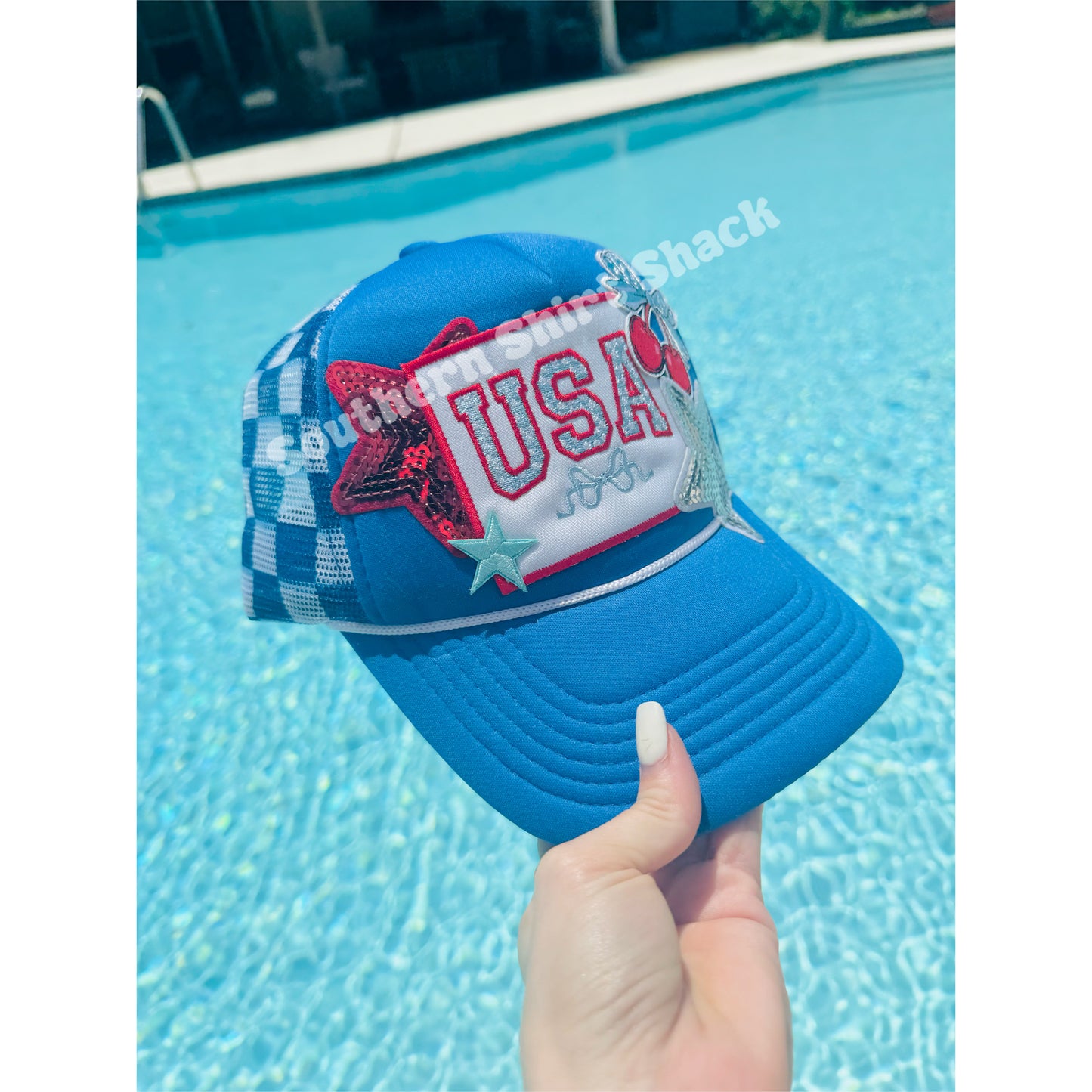 Girly USA collage hat | blue checkered | READY TO SHIP
