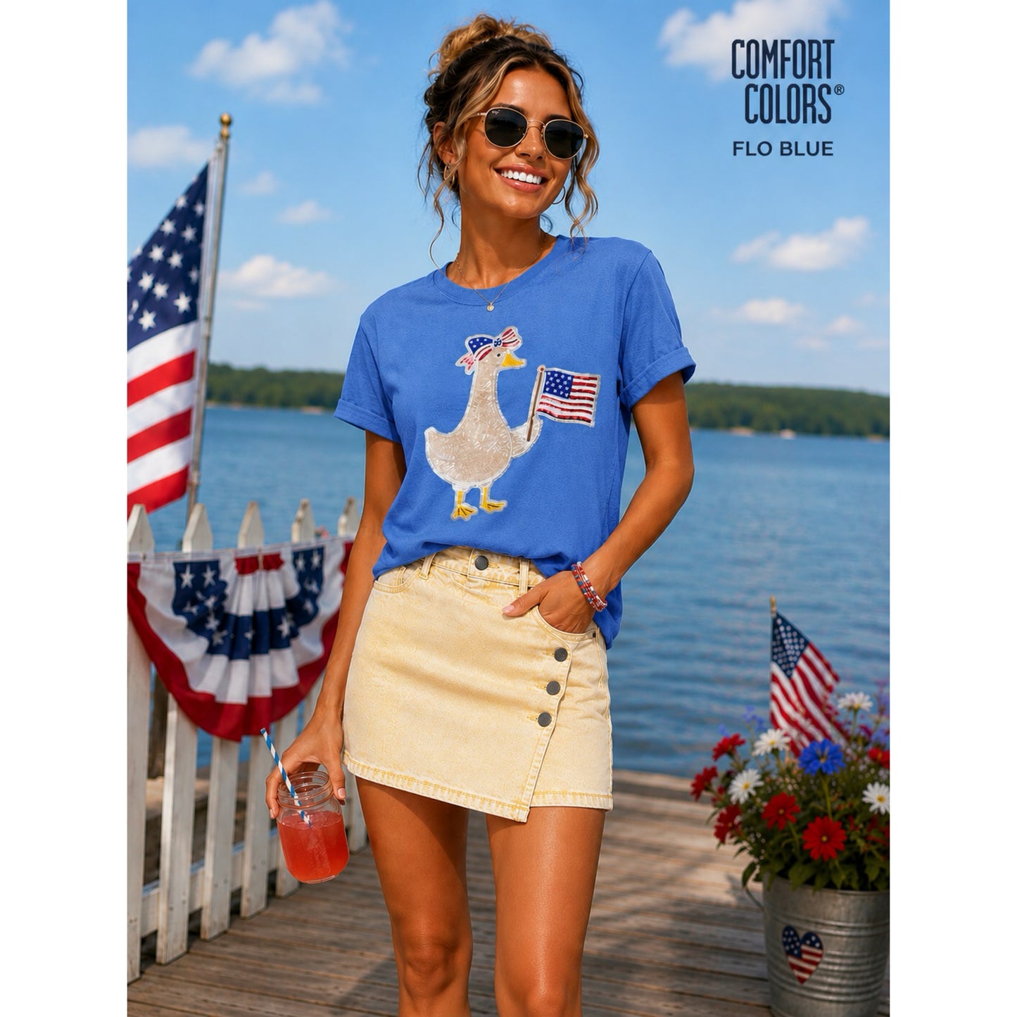 Patriotic Sequin Goose Patch Comfort Colors tee | Flo blue