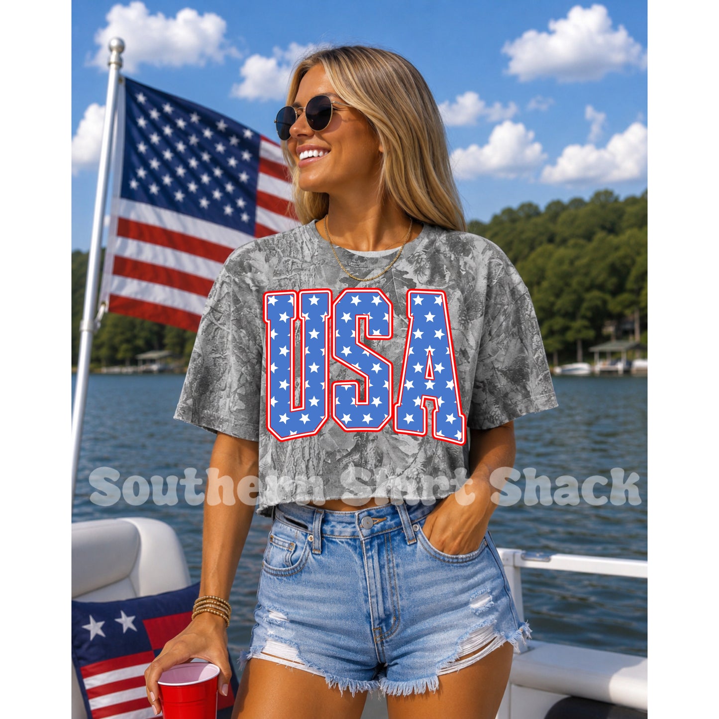 Varsity Blue USA stars / Red outline | Gray Camo Tee | Cropped or Uncropped