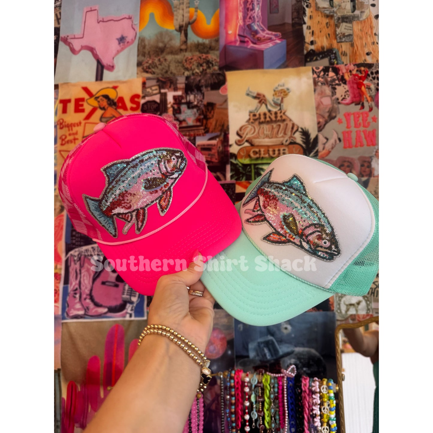 Sequin Rainbow Trout trucker hat