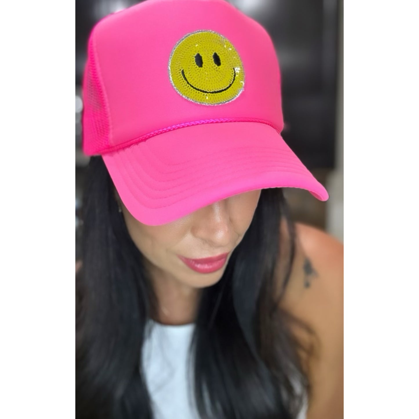 MatteiMom sequin smiley trucker hat