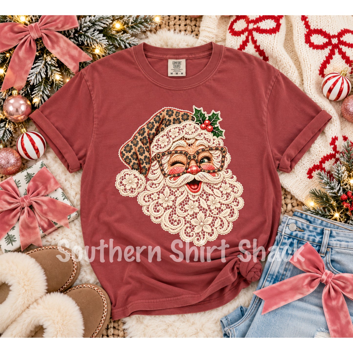 Leopard and Lace Santa | Crimson Comfort Colors tee