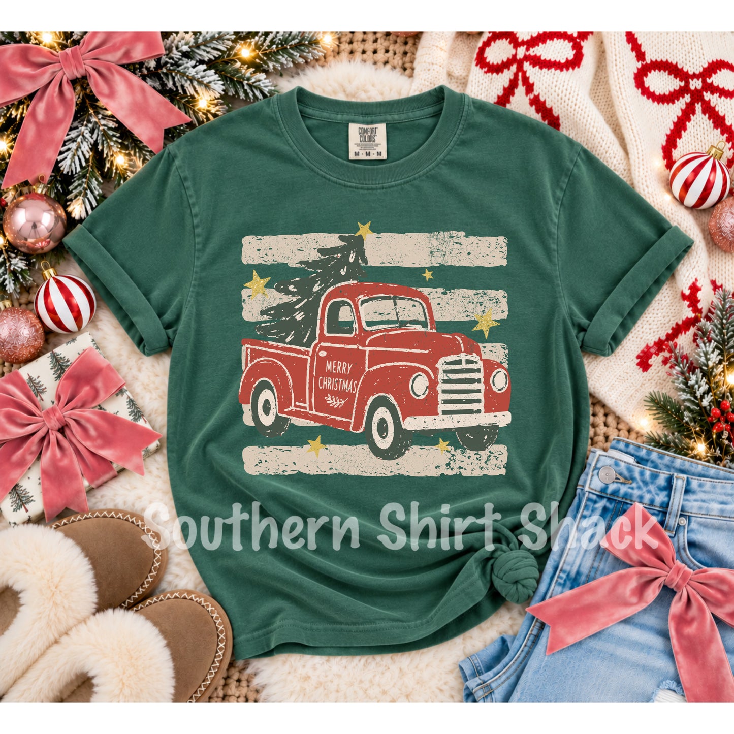 Christmas Farm Truck | Light Green Comfort Colors tee