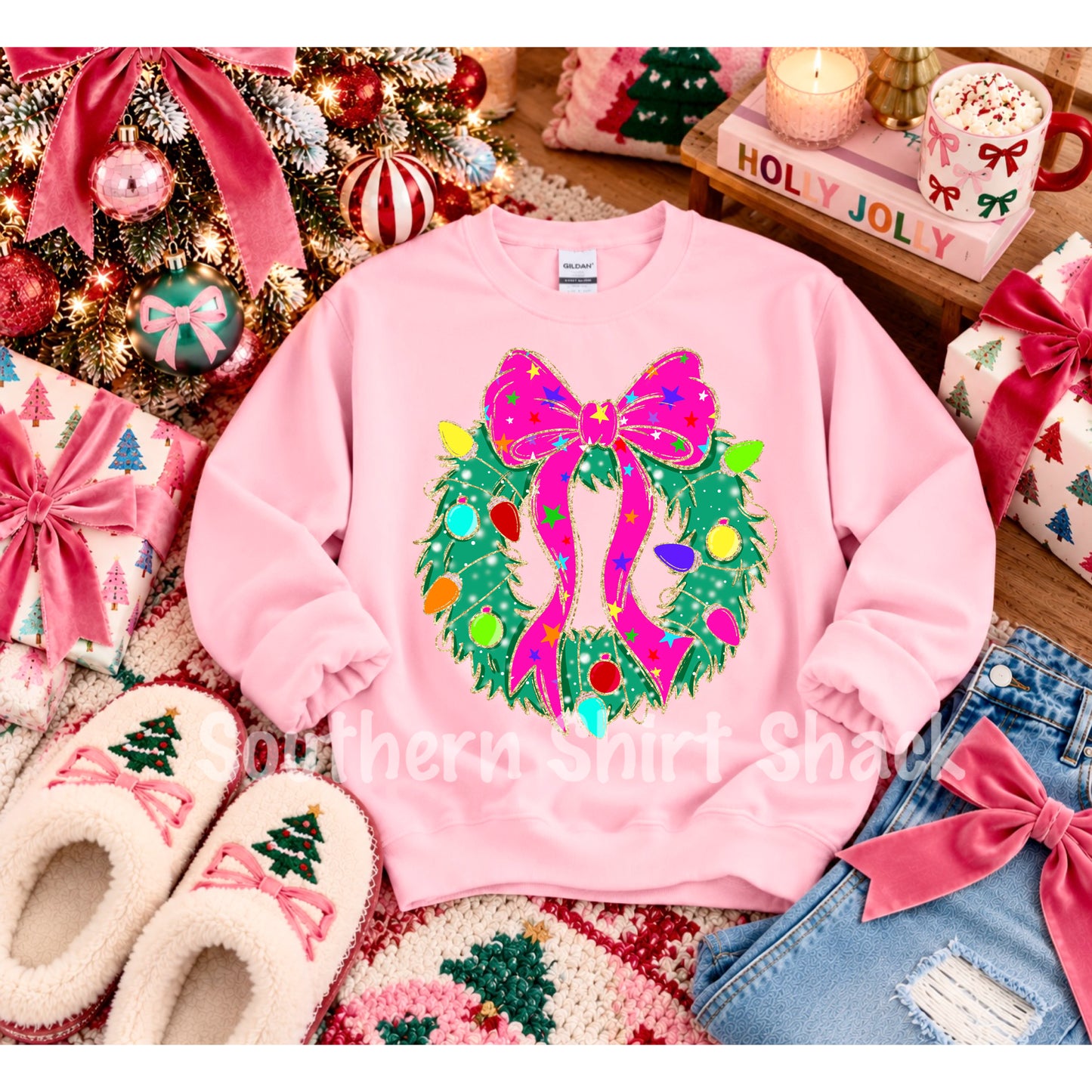 Glitter Christmas Wreath | Light Pink Sweatshirt
