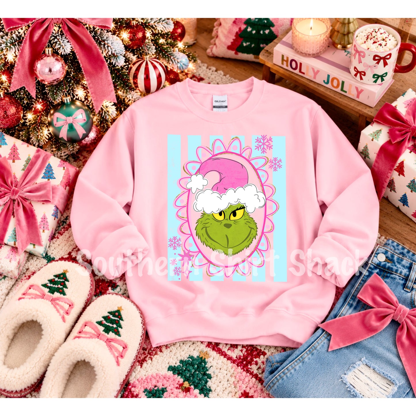 Grnch Snowflakes & Stripes Sweatshirt | Light Pink