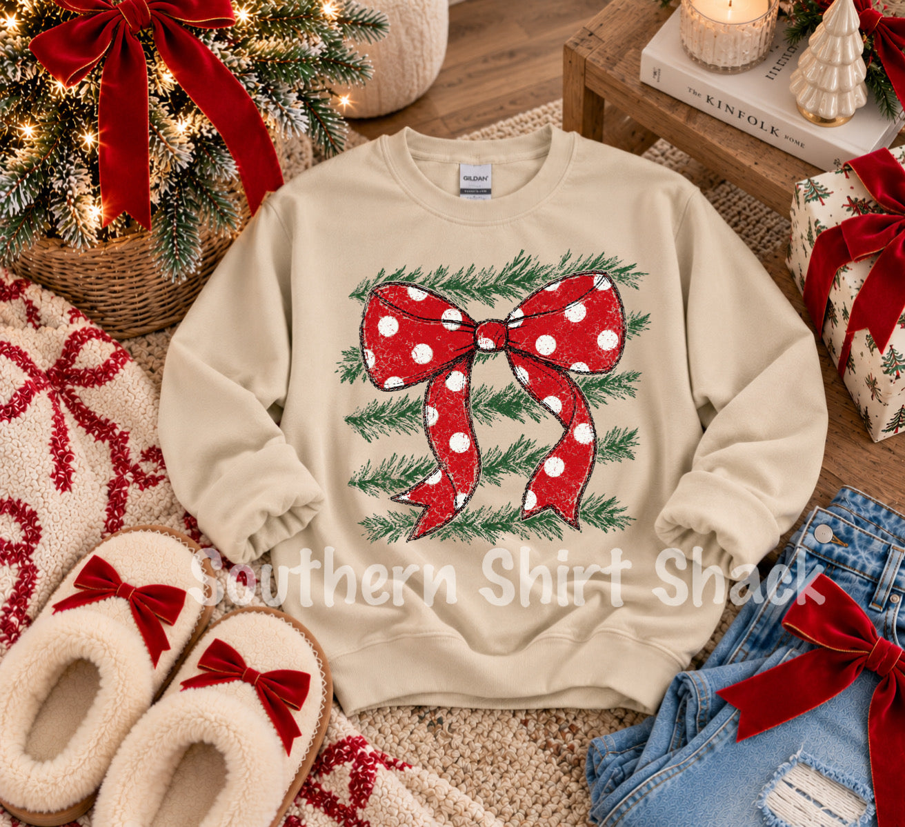 Preppy Wreath Stripe Christmas Bow Sweatshirt | Sand