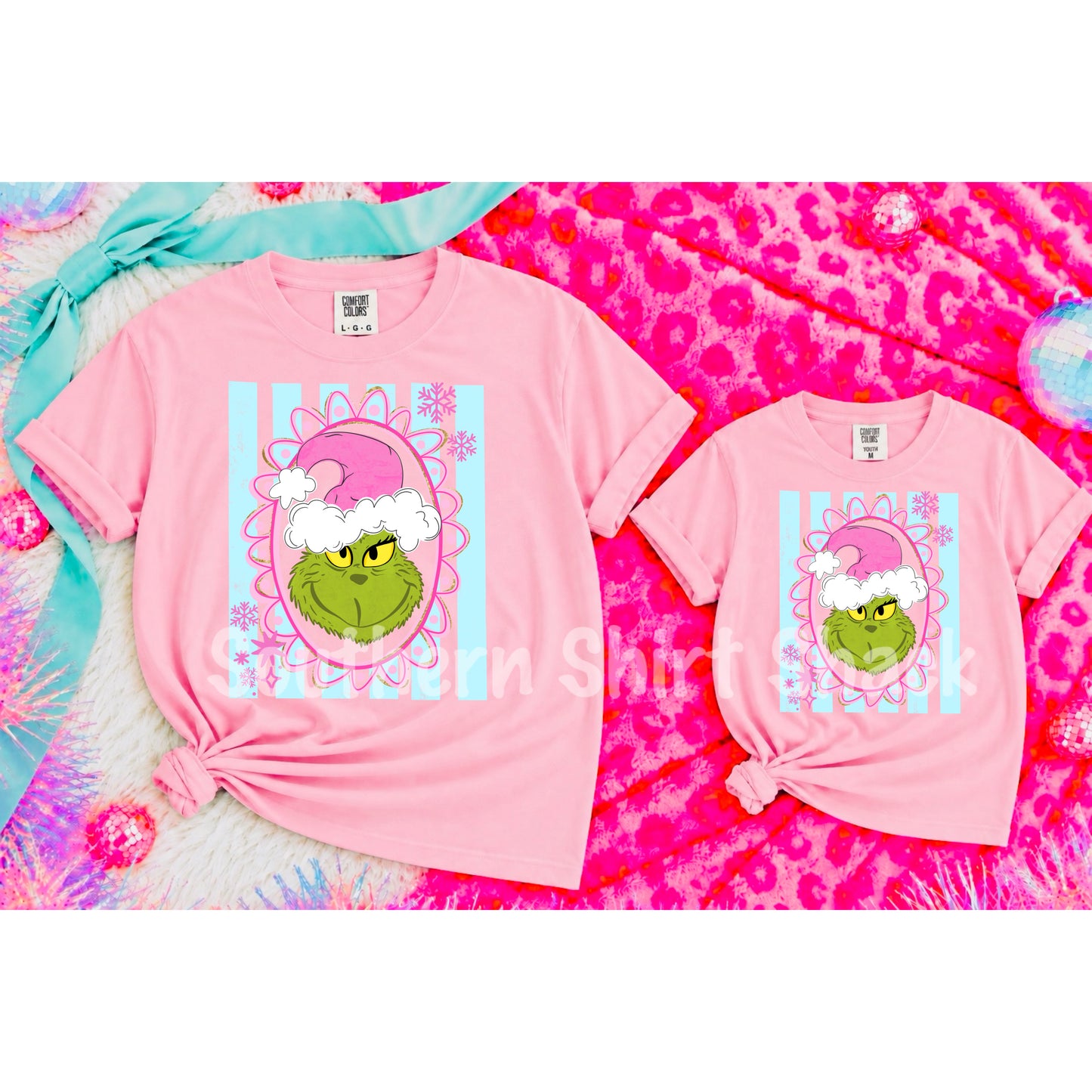 Grnch Snowflakes & Stripes | Blossom Comfort Colors Youth & Adult tee