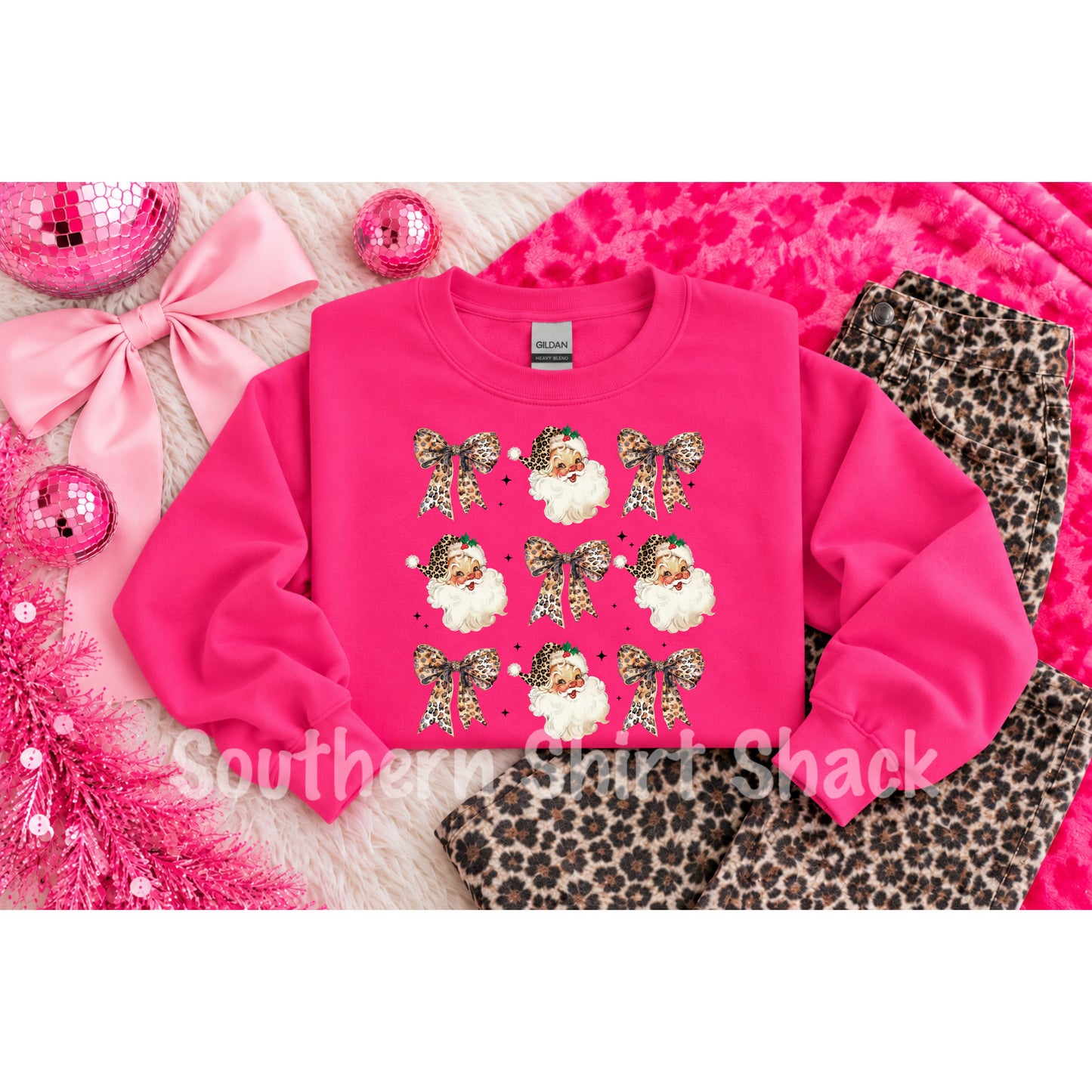 Leopard Santa & Bows Sweatshirt | Hot Pink