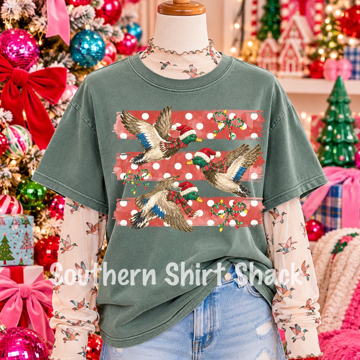 Flying Christmas Ducks Light Green Comfort Colors Tee