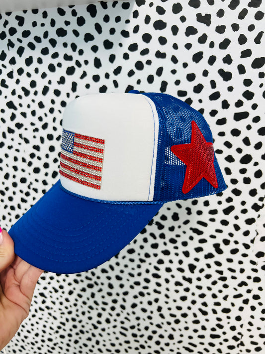 Rhinestone American Flag trucker hat