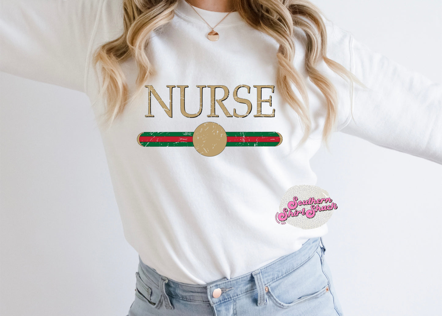 Nurse green and red stripe crew