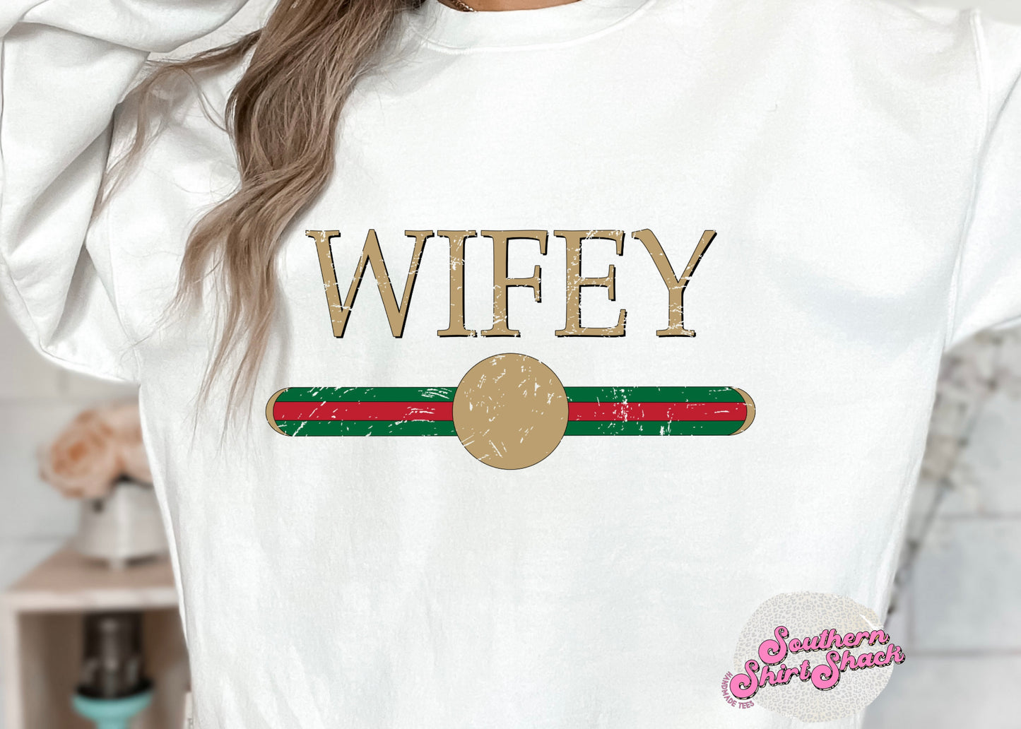 Wifey green and red stripe crew