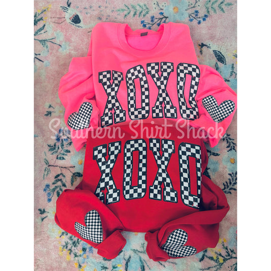 Checkered XOXO Sweatshirt | neon pink or red