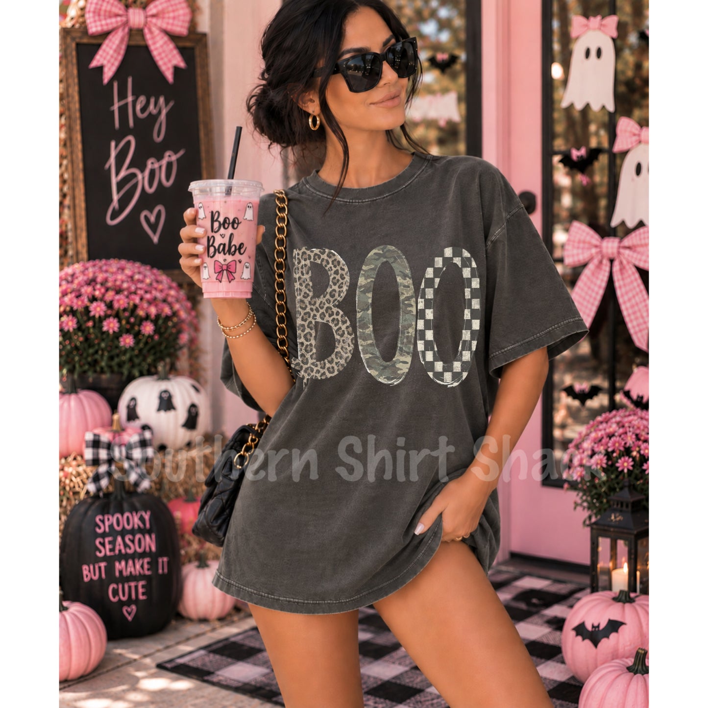 Leopard Camo Checkered BOO | Pepper Comfort Colors tee