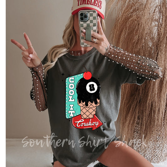 Cool it Cowboy Retro 8 ball ice cream| Pepper Comfort Colors Tee