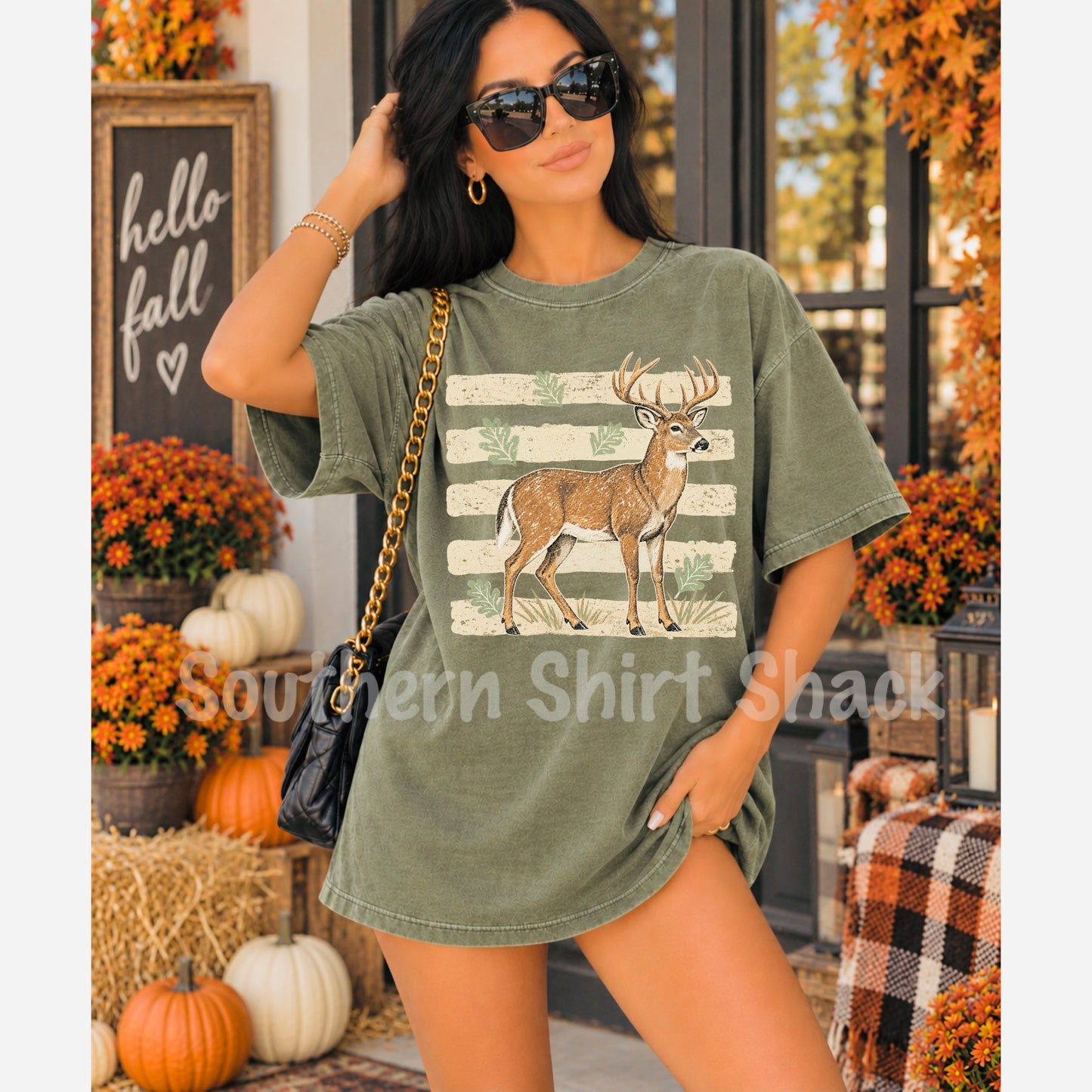 Striped background buck | Moss Comfort Colors tee