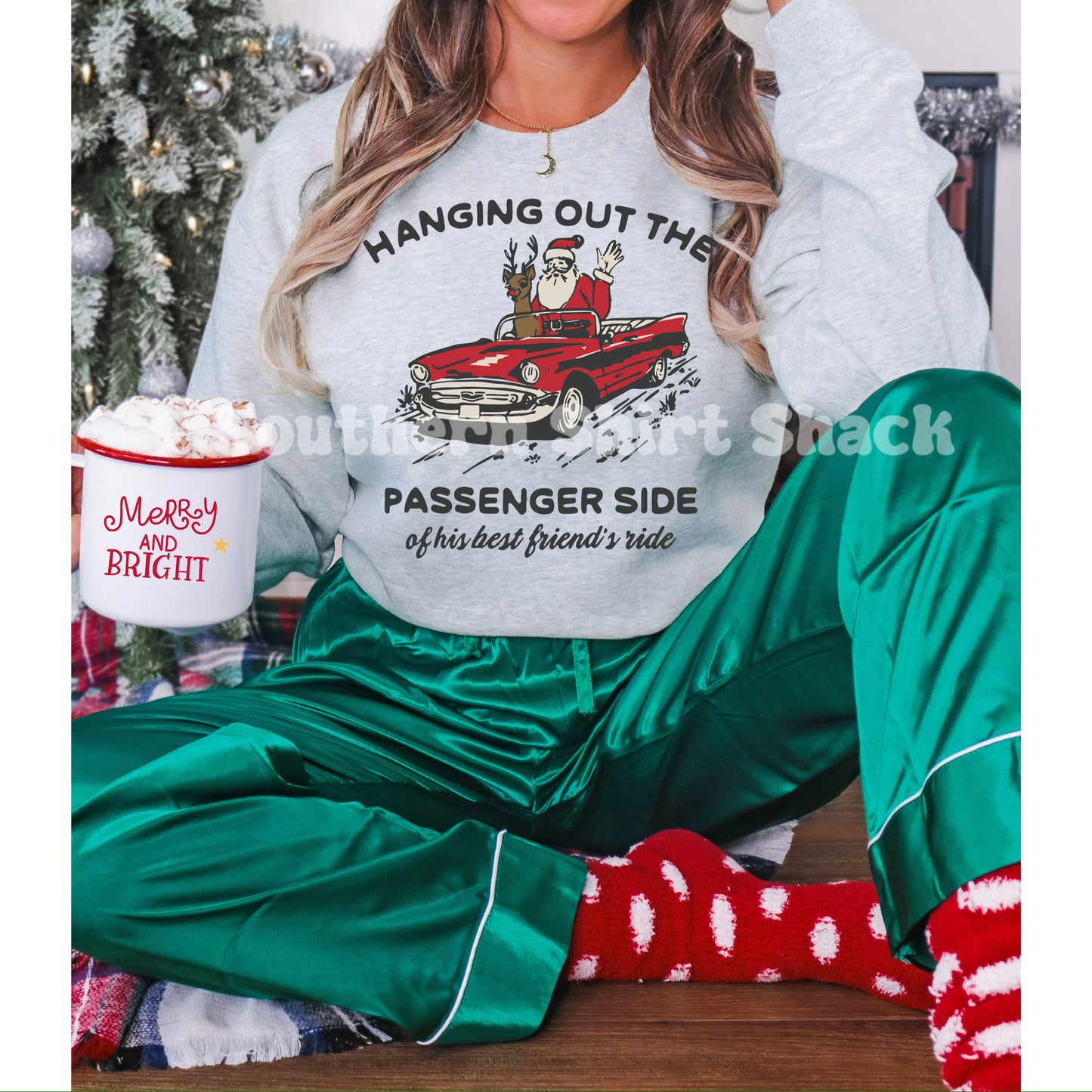 Santa Hanging Out The Passenger Side Of His Best Friend’s Ride| Ash Gray Sweatshirt
