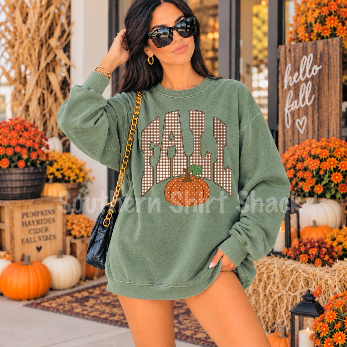 Gingham Fall Comfort Colors Sweatshirt | Light Green