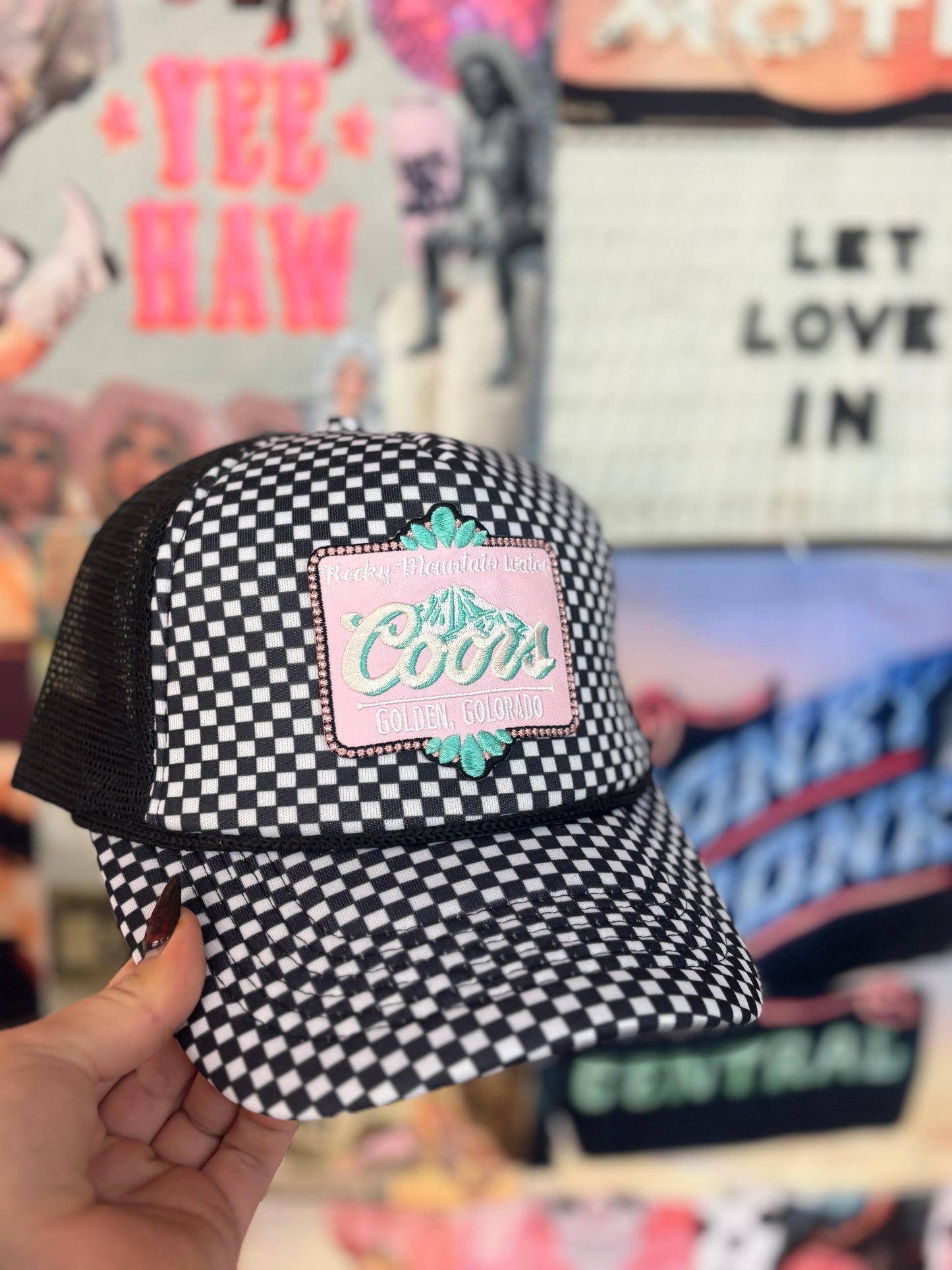 Turquoise & Pink beer patch Checkered Trucker Hat | READY TO SHIP