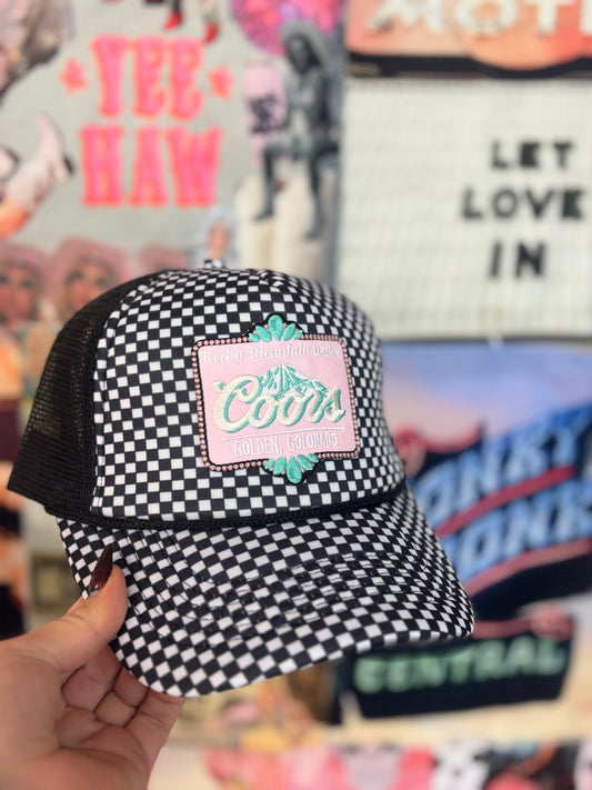 Turquoise & Pink beer patch Checkered Trucker Hat | READY TO SHIP