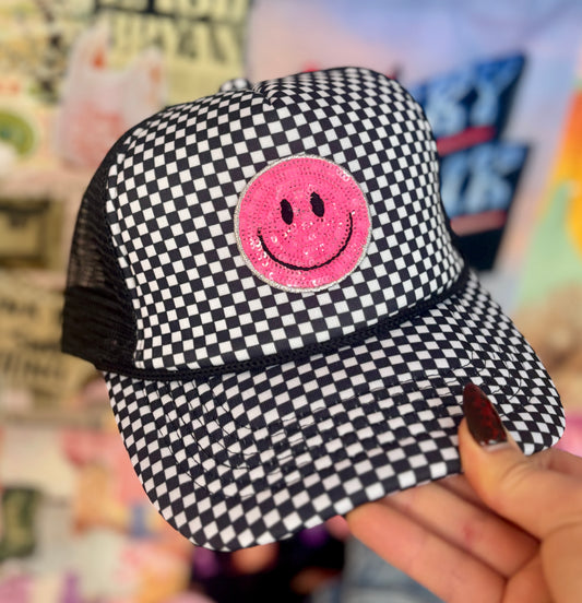 Pink Smiley Checkered Trucker Hat | READY TO SHIP