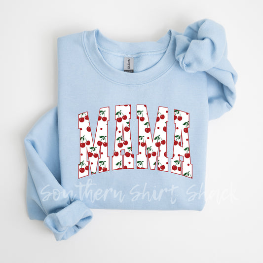 Varsity Mama Cherry Sweatshirt | Light Blue