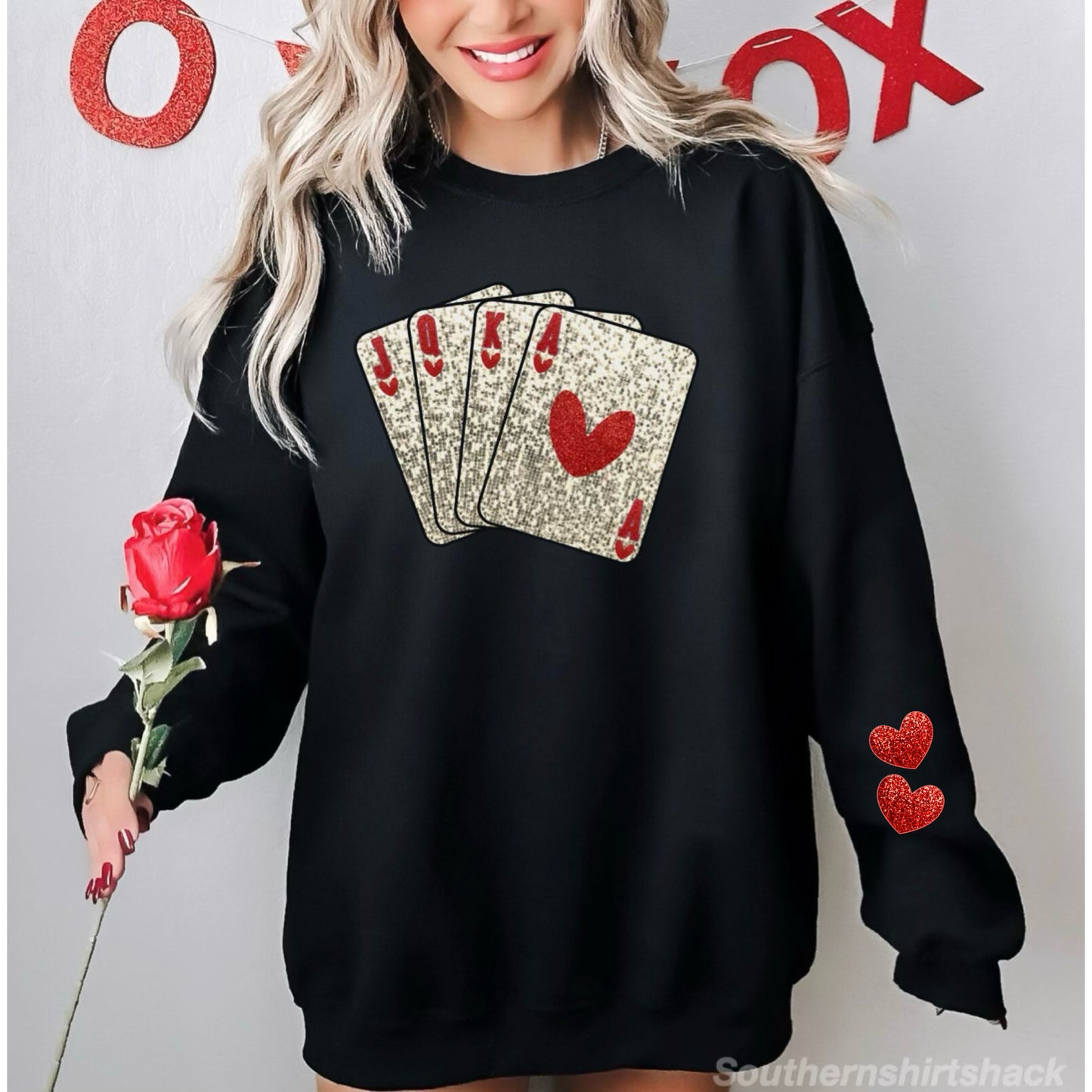 Faux Sequin Valentine Playing Cards | Sweatshirt with sleeve detail