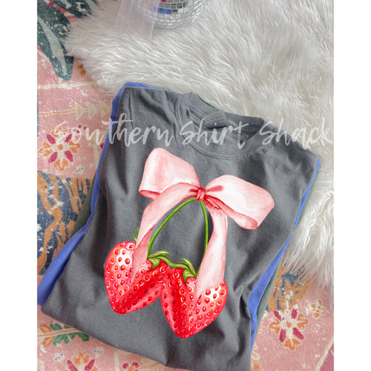 Strawberry Cherry Stem Bow Comfort Colors tee | Pepper