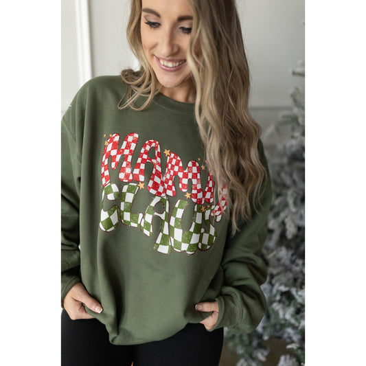 Checkered Mama Claus | Military Green Sweatshirt