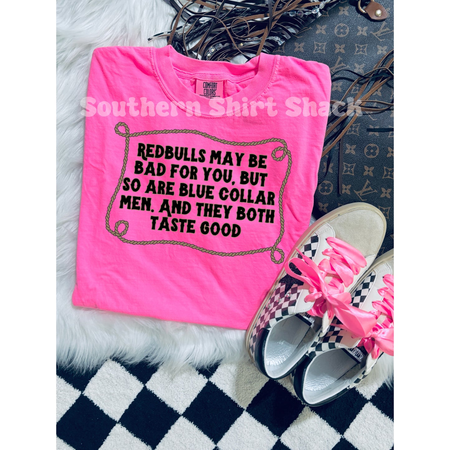 R3DBULLS and Blue Collar Men Comfort Colors tee | Neon Pink