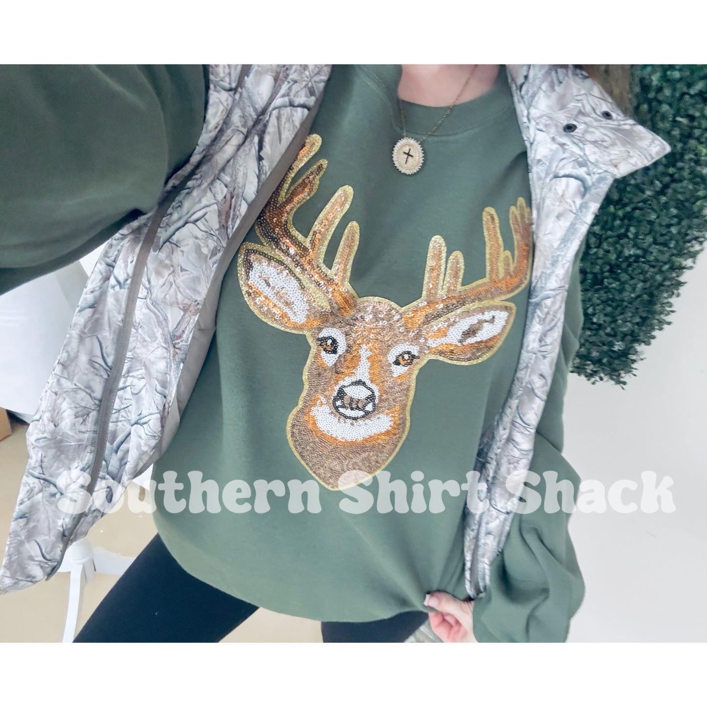 Sequin Deer Patch Sweatshirt |  Military Green
