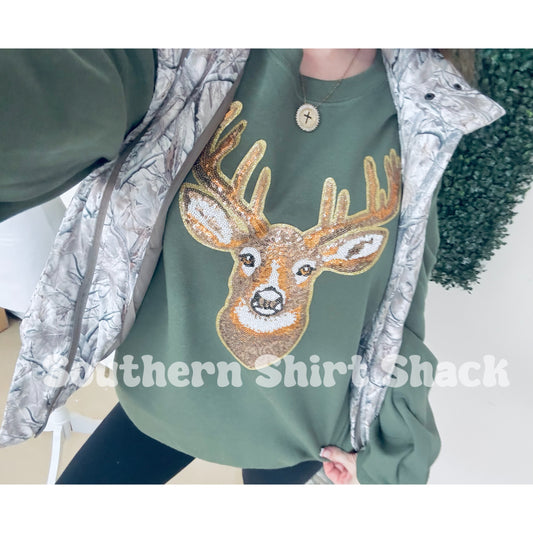 Sequin Deer Patch Sweatshirt |  Military Green