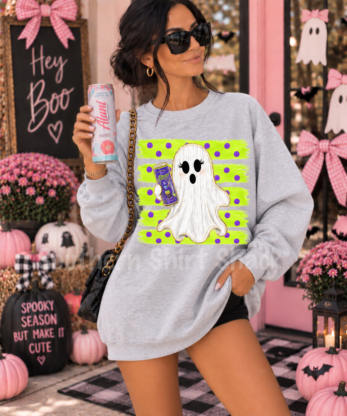 Striped Polka Dot Brew Energy Drink Ghosty Sweatshirt | Ash gray