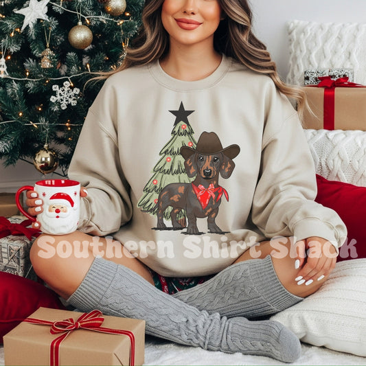 Western Christmas Weenie Dog | Sand Sweatshirt