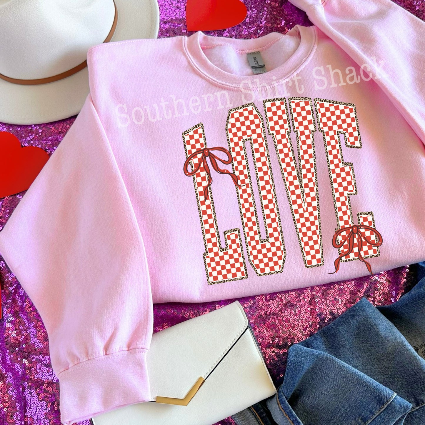 Checkered LOVE & bows| Light Pink Sweatshirt