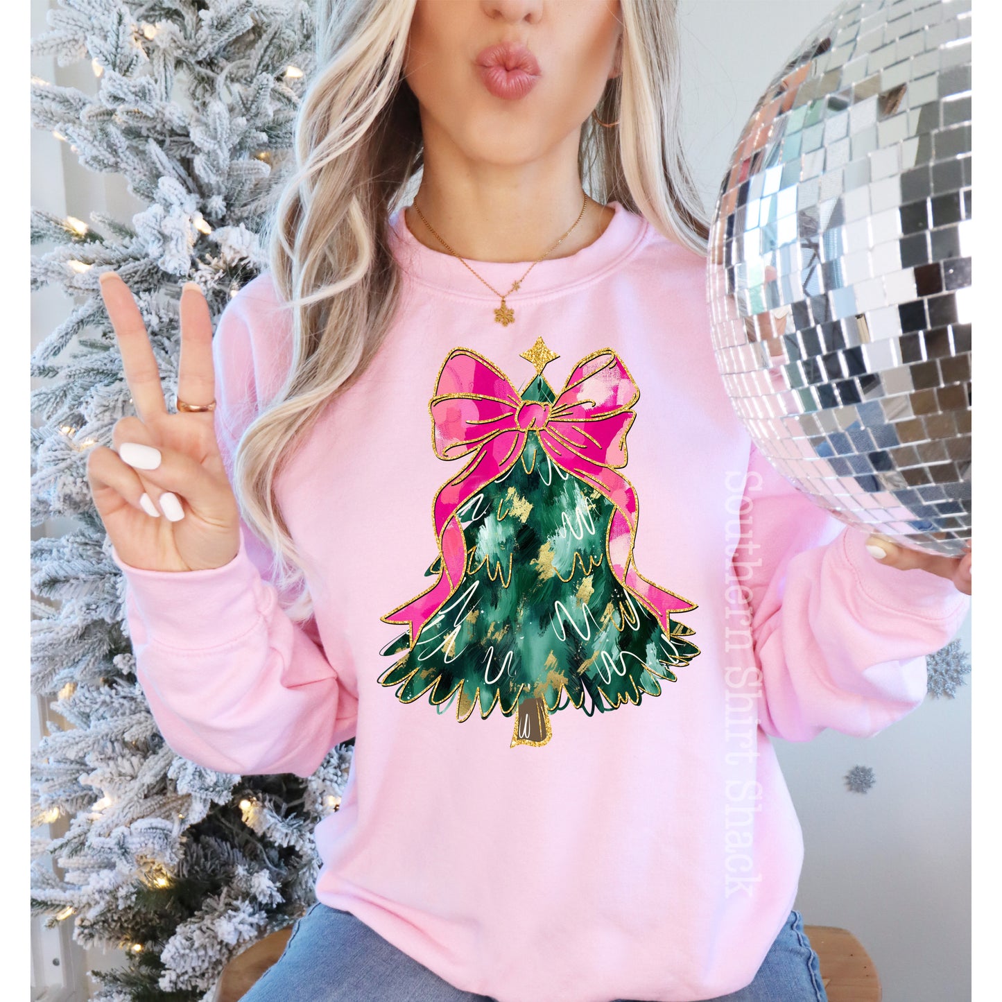 Pretty Bow Christmas Tree | Light Pink Sweatshirt