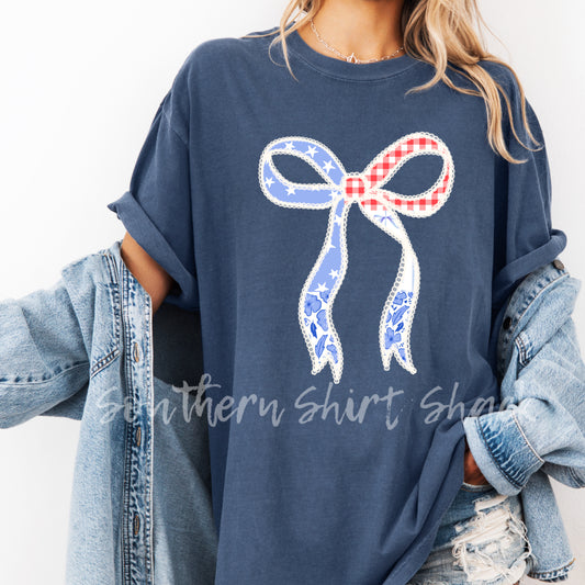 Patriotic Patchwork Bow | Denim Comfort Colors tee