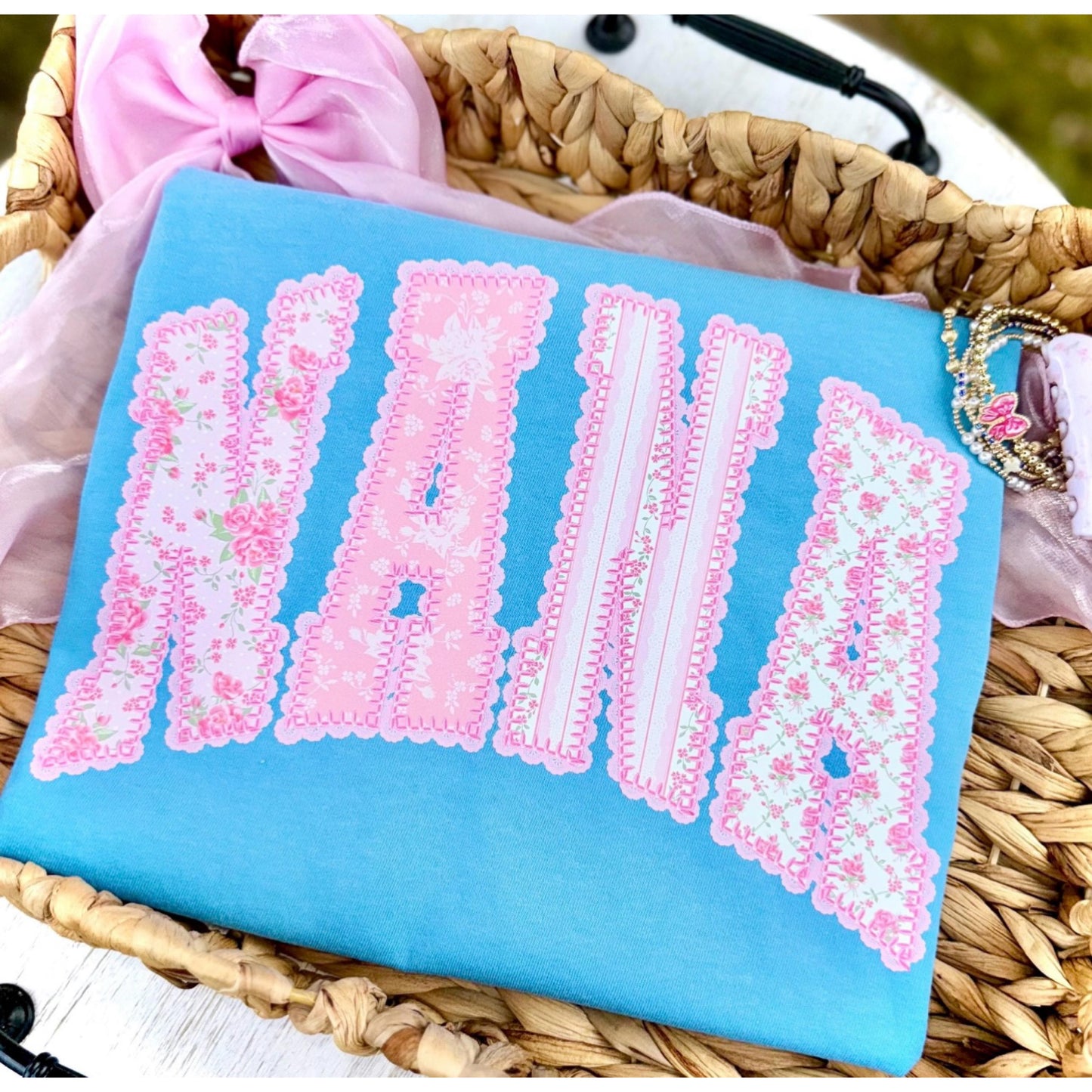 Fancy Floral NANA Comfort Colors tee | Lagoon Blue