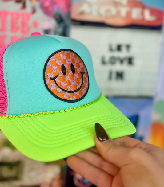 Pink & Orange Smiley Trucker Hat | READY TO SHIP