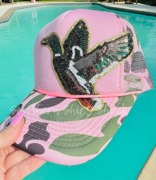 Sequin Duck Pink Camo Trucker Hat
