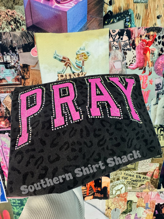 Pink Pray Rhinestone | Black Leopard Tee