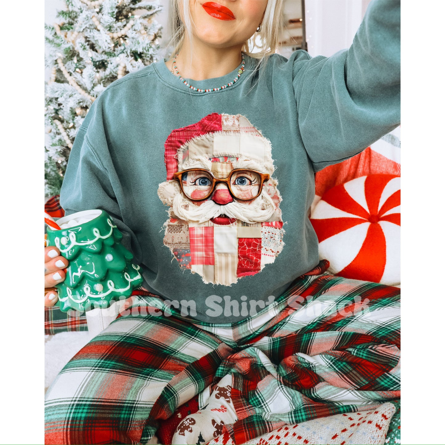 Patchwork Santa | Light Green Comfort Colors Sweatshirt