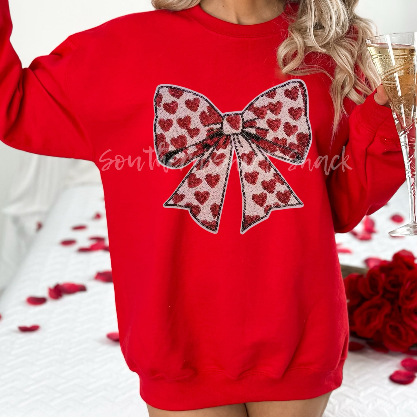 Sequin Patch Valentine Bow Sweatshirt~ Red