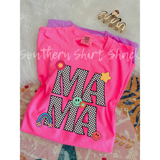 Checkered Mama icons CC tee | Neon Pink