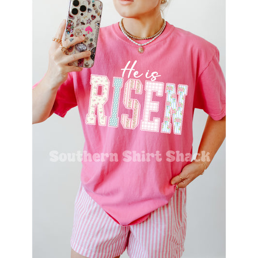 Fancy floral HE IS RISEN Comfort Colors tee | Crunchberry