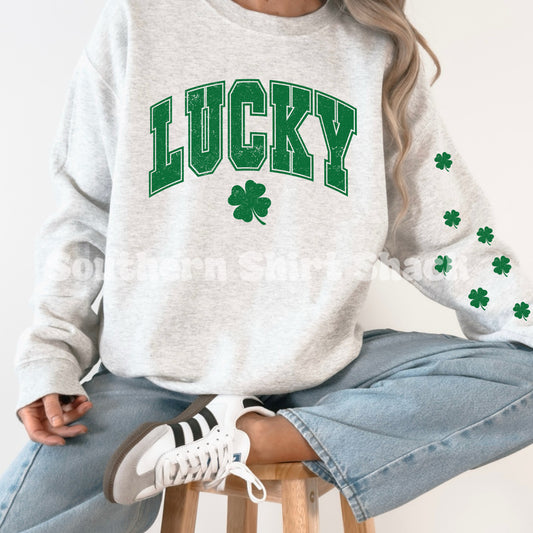 Lucky Varsity Sweatshirt with clover accent sleeve  | Ash gray