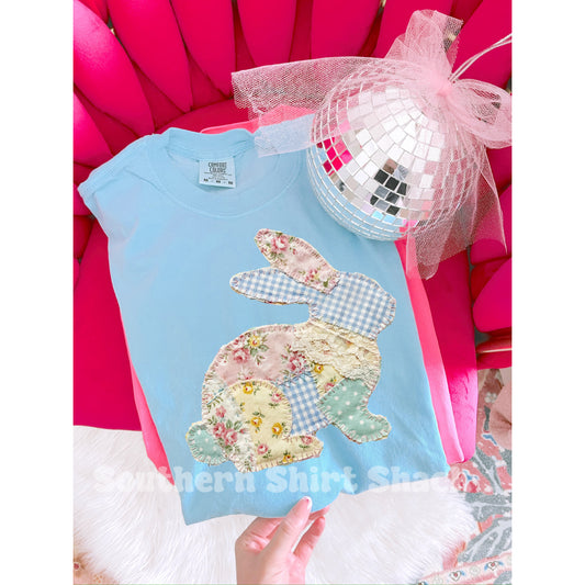 Quilt faux patch bunny Comfort Colors tee | Light Blue