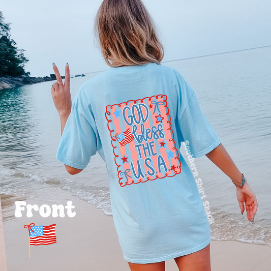Preppy God Bless the USA Comfort Colors tee | Chambray